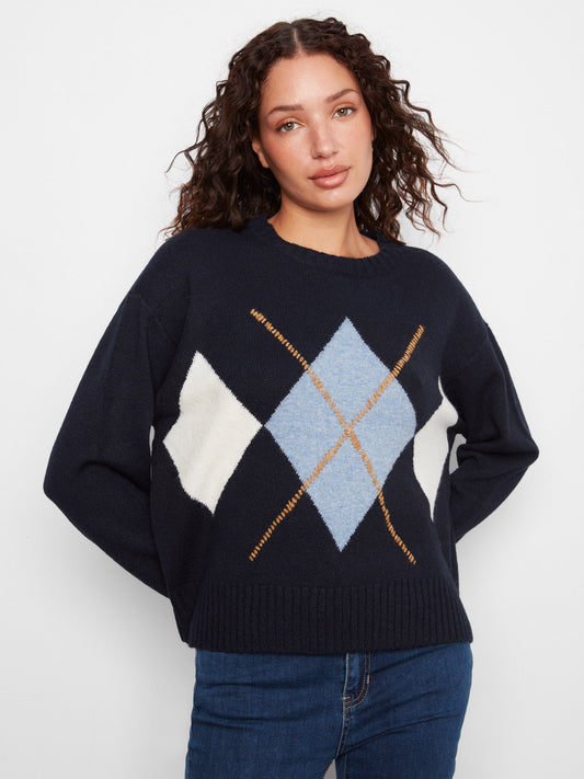 Argyle Crew Neck Sweater - Navy