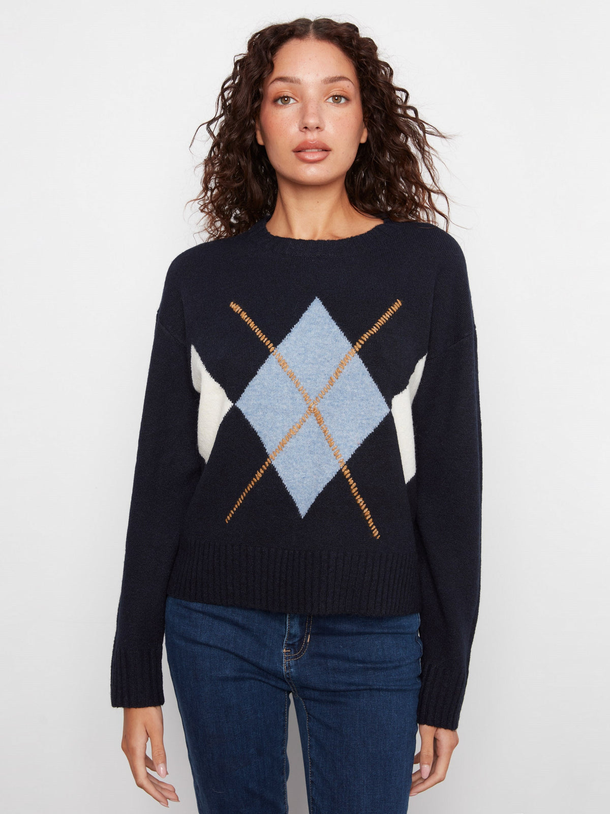 Argyle Crew Neck Sweater - Navy