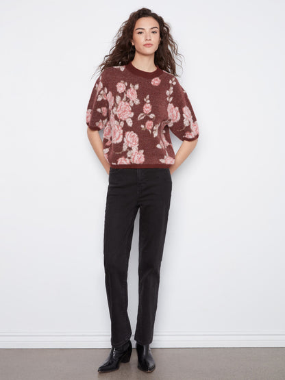 Balloon Elbow Sleeve Floral Jacquard Knit Sweater - Rosette