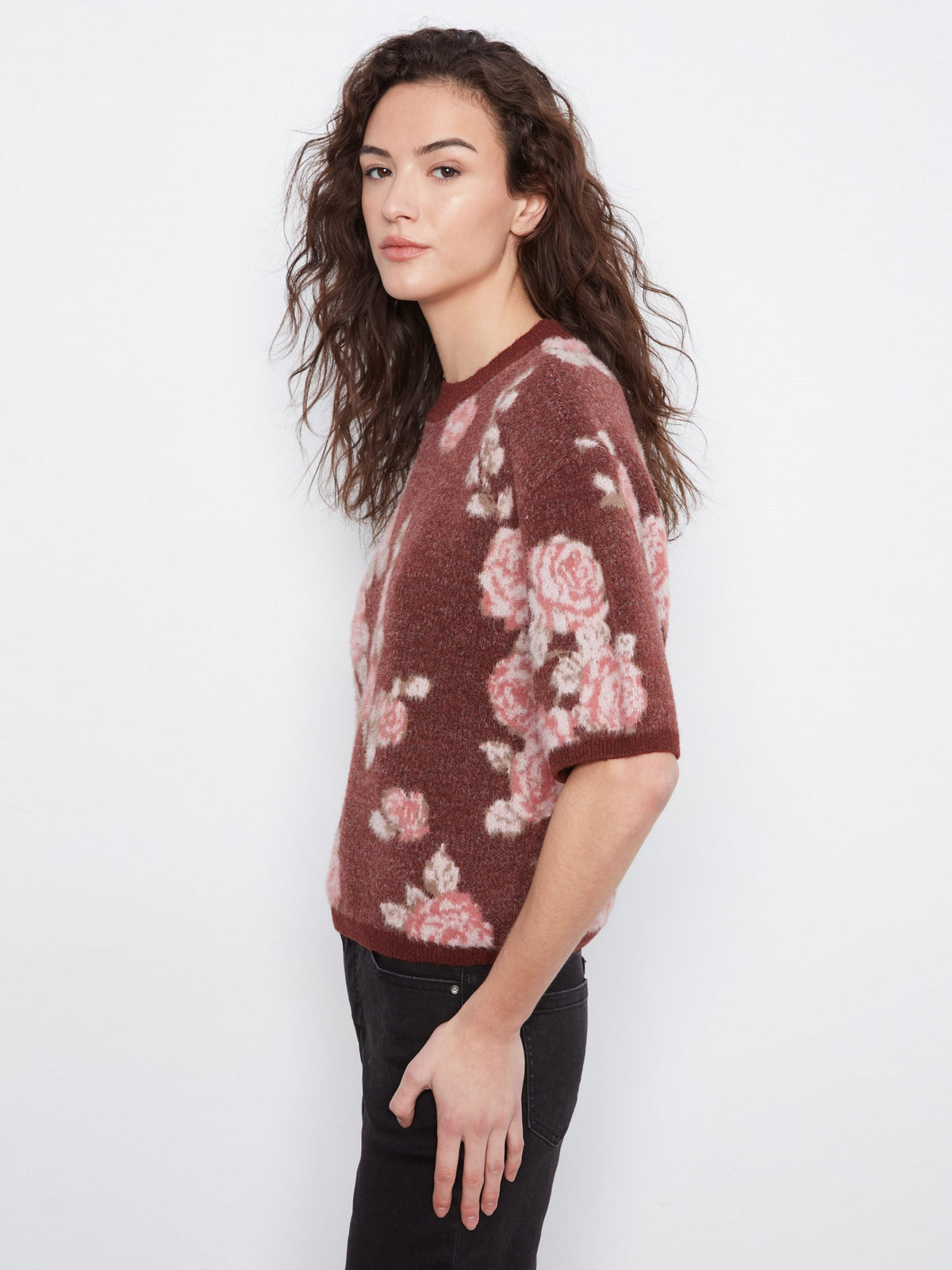 Balloon Elbow Sleeve Floral Jacquard Knit Sweater - Rosette