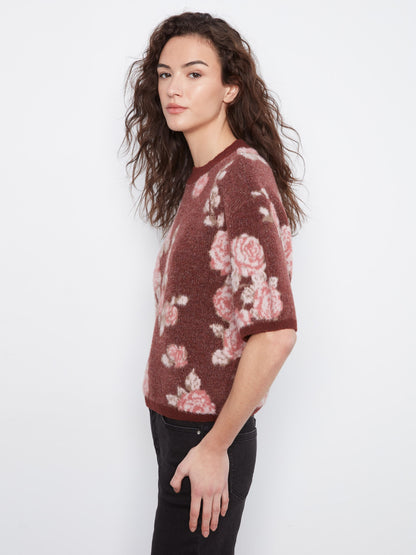 Balloon Elbow Sleeve Floral Jacquard Knit Sweater - Rosette