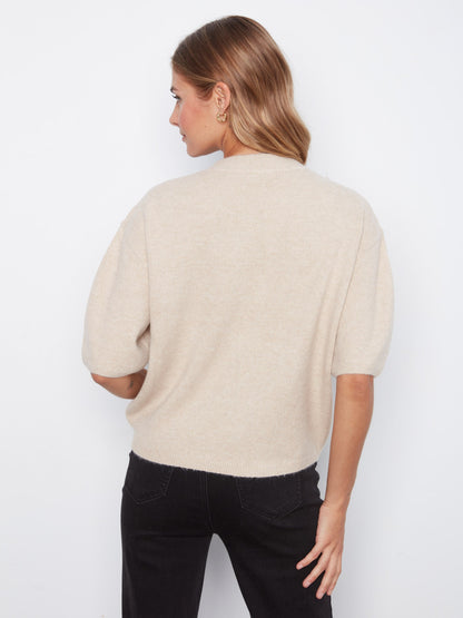 Balloon Elbow Sleeve Jacquard Knit Sweater - Multicolor