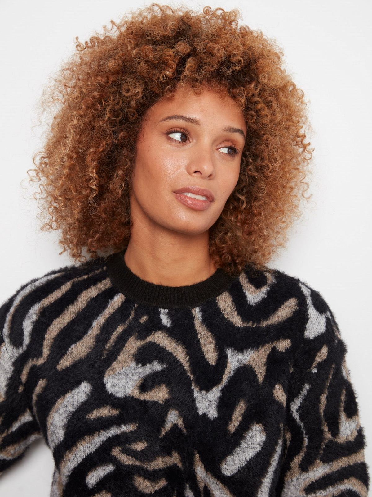 Balloon Elbow Sleeve Jacquard Knit Sweater - Mystic