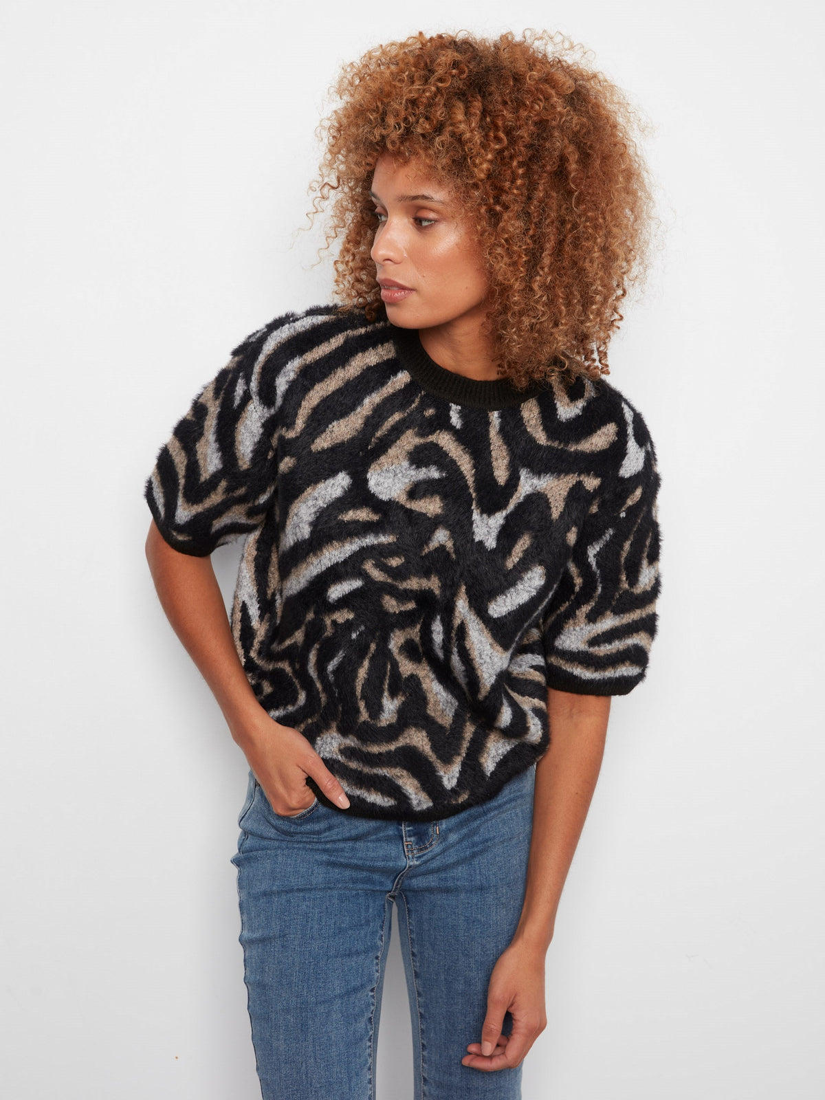 Balloon Elbow Sleeve Jacquard Knit Sweater - Mystic