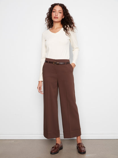 Belted Wide Leg Crepe Pants - Coffee