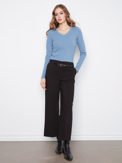Belted Wide Leg Crepe Pants - Black