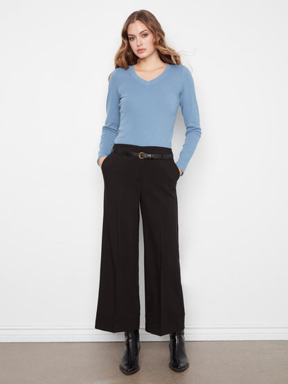 Belted Wide Leg Crepe Pants - Black