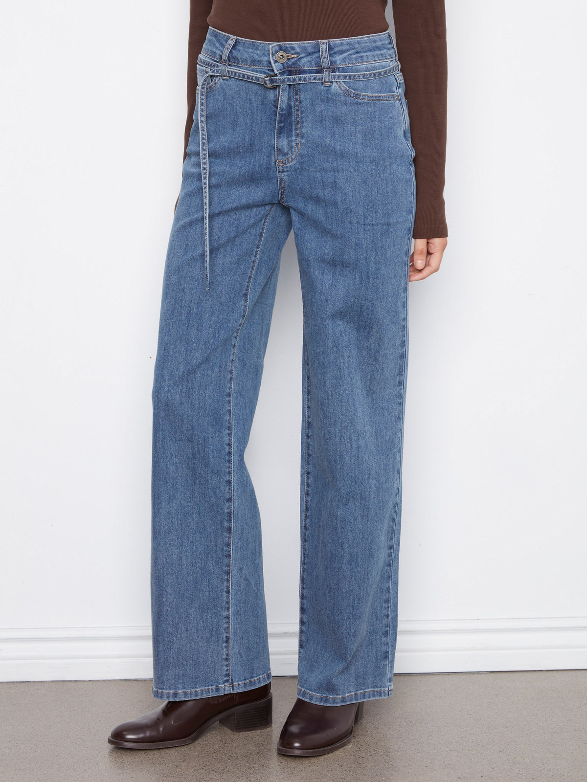Belted Wide Leg Jeans - Medium Blue