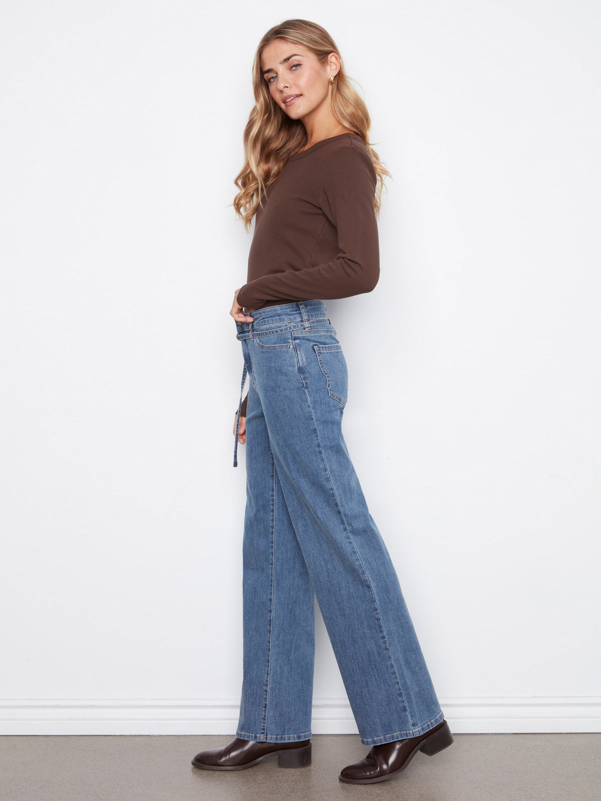 Belted Wide Leg Jeans - Medium Blue