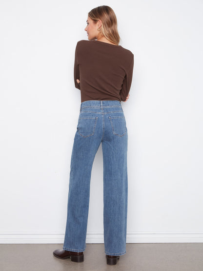 Belted Wide Leg Jeans - Medium Blue