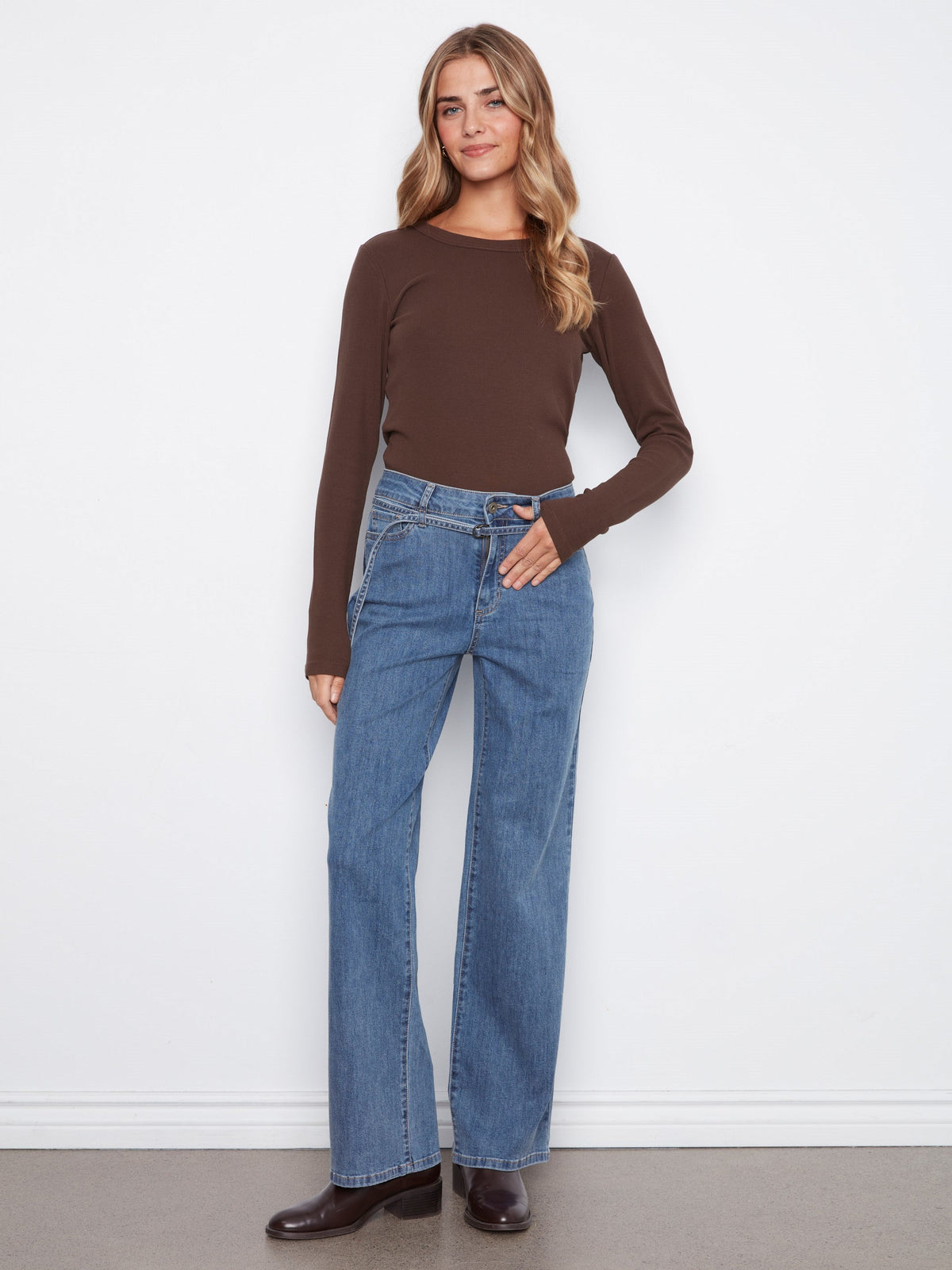 Belted Wide Leg Jeans - Medium Blue