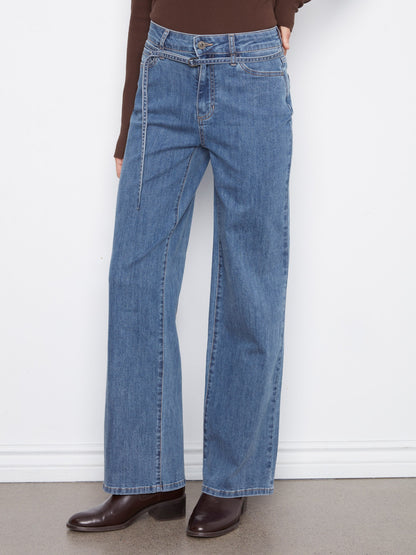 Belted Wide Leg Jeans - Medium Blue