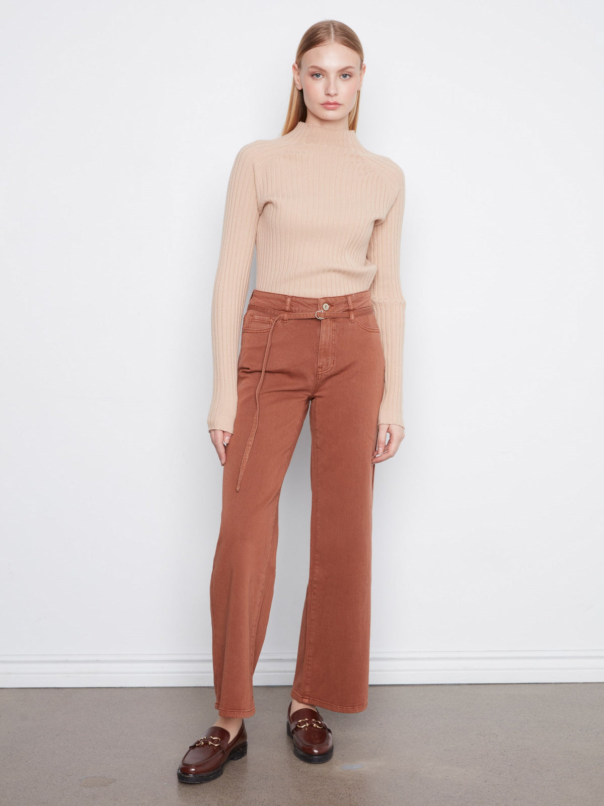 Belted Wide Leg Twill Pants - Ginger