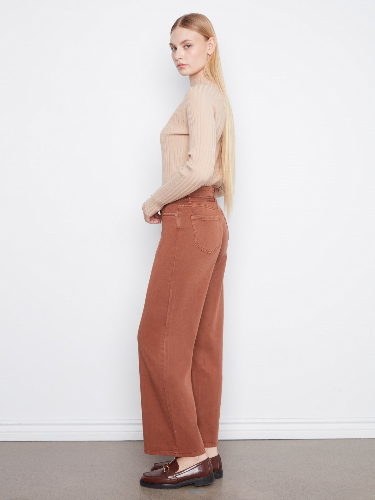 Belted Wide Leg Twill Pants - Ginger