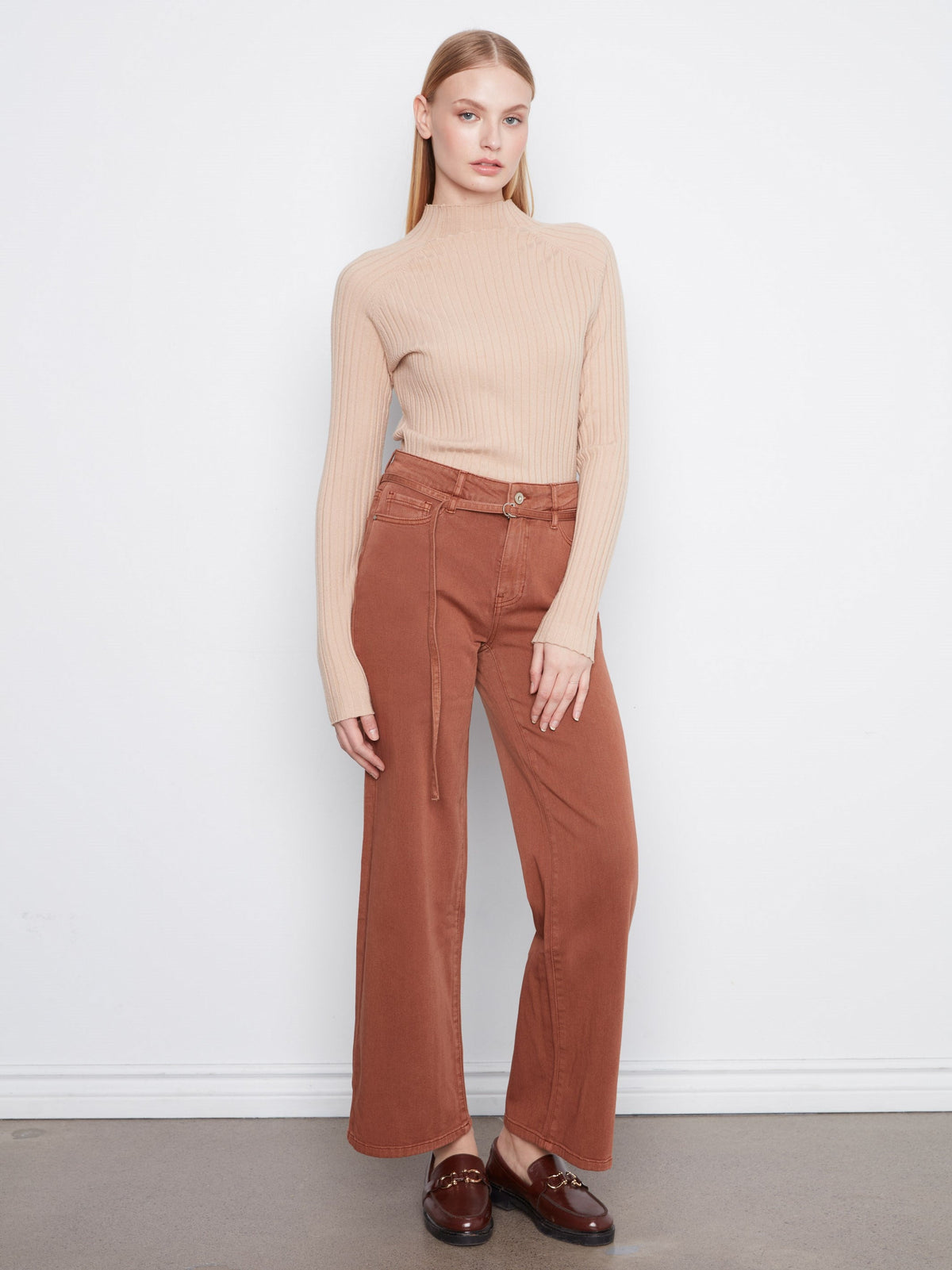 Belted Wide Leg Twill Pants - Ginger