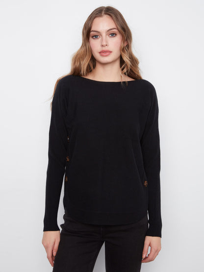 Boat Neck Sweater With Side Buttons - Black