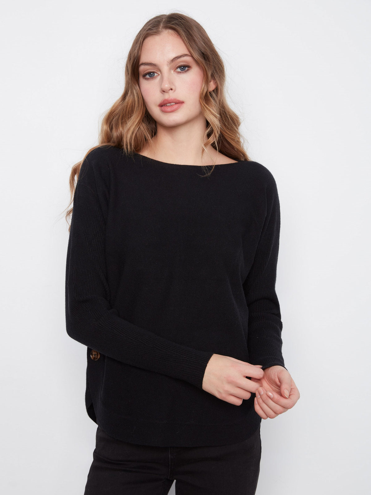 Boat Neck Sweater With Side Buttons - Black
