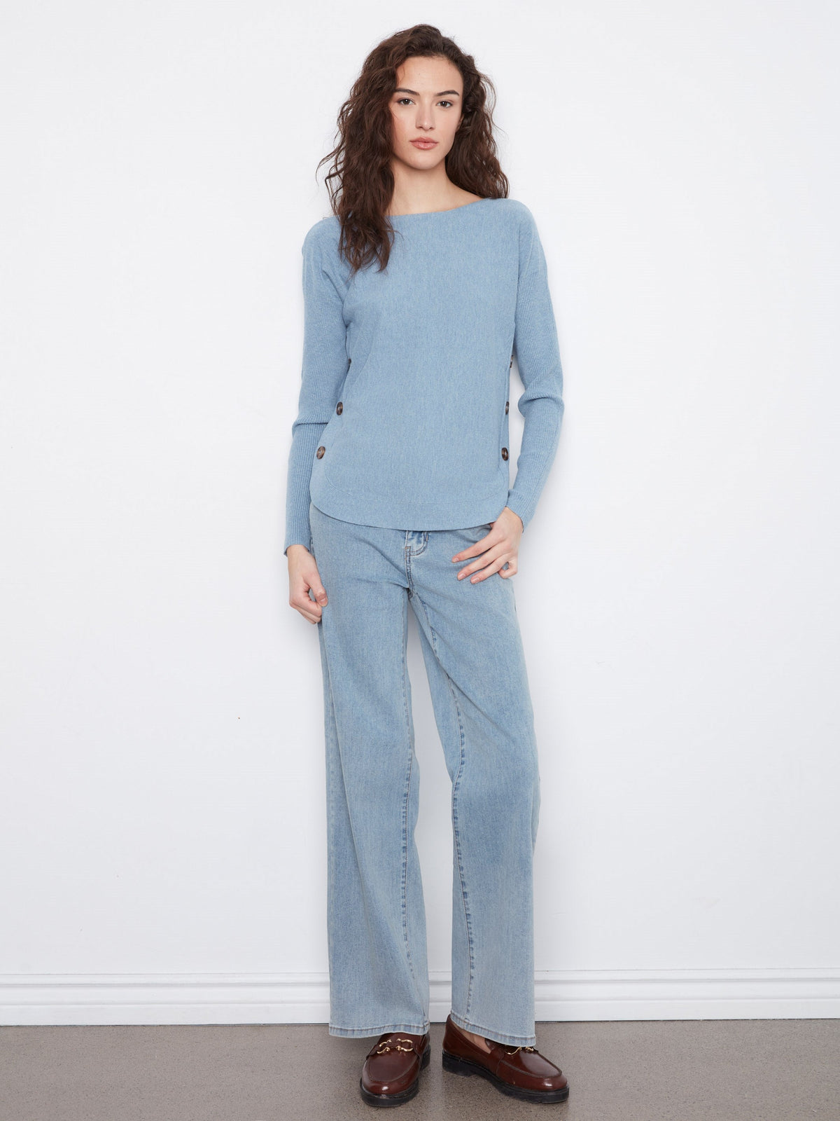 Boat Neck Sweater With Side Buttons - Heather Storm