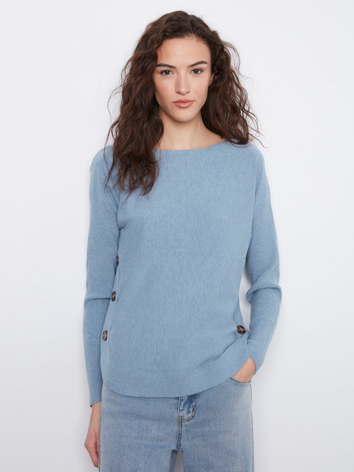 Boat Neck Sweater With Side Buttons - Heather Storm