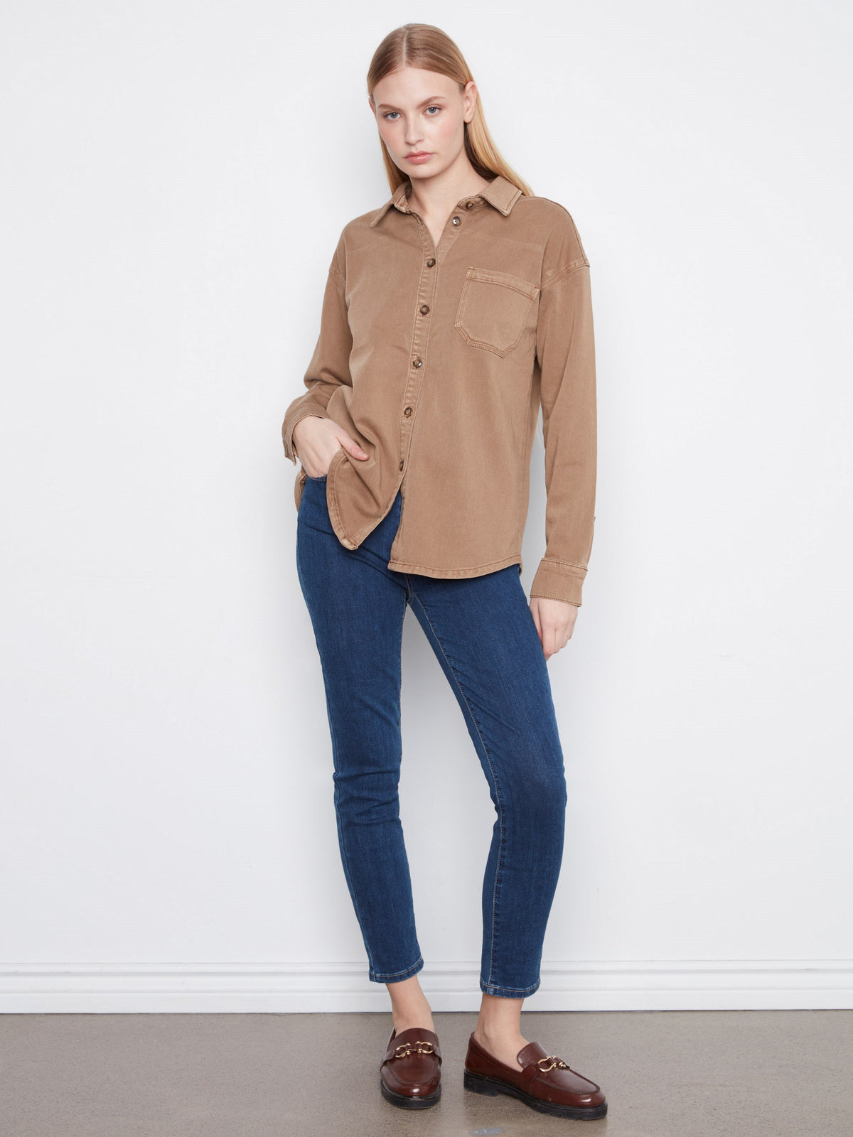 Button-Front Twill Overshirt - Walnut