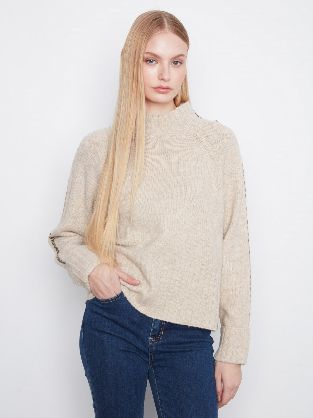 Contrast Stitch Mock Neck Sweater - Heather Oat
