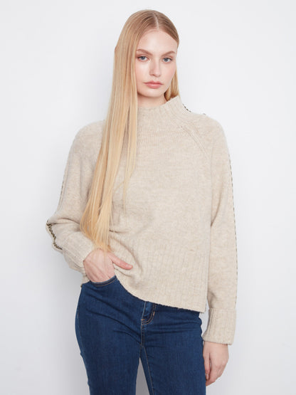 Contrast Stitch Mock Neck Sweater - Heather Oat