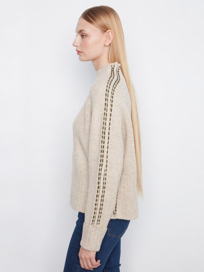 Contrast Stitch Mock Neck Sweater - Heather Oat