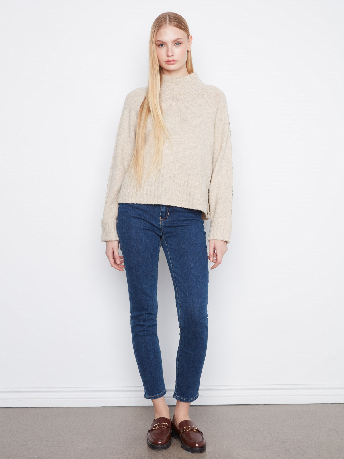 Contrast Stitch Mock Neck Sweater - Heather Oat