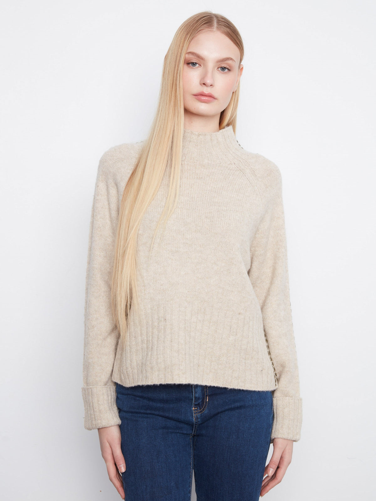 Contrast Stitch Mock Neck Sweater - Heather Oat