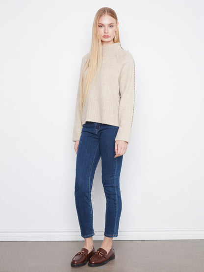 Contrast Stitch Mock Neck Sweater - Heather Oat