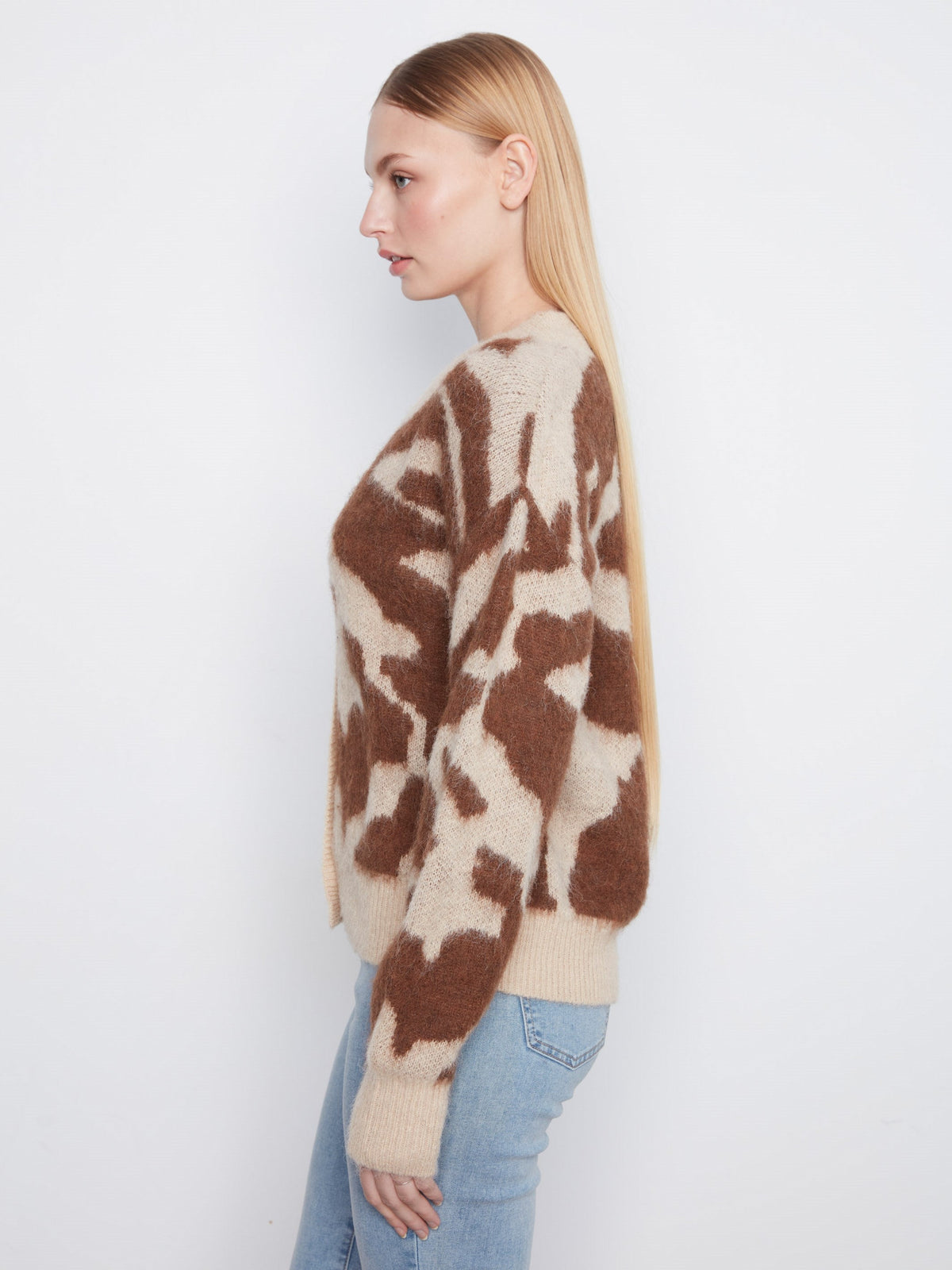 Cow Print V-Neck Cardigan - Ranch