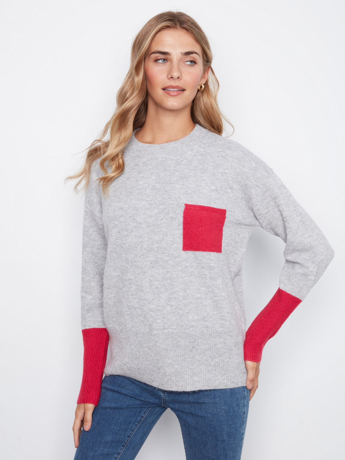 Crew Neck Sweater With Contrast Details - Heather Grey