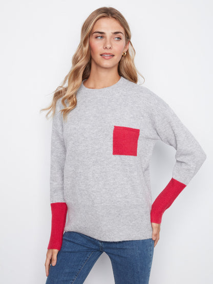 Crew Neck Sweater With Contrast Details - Heather Grey