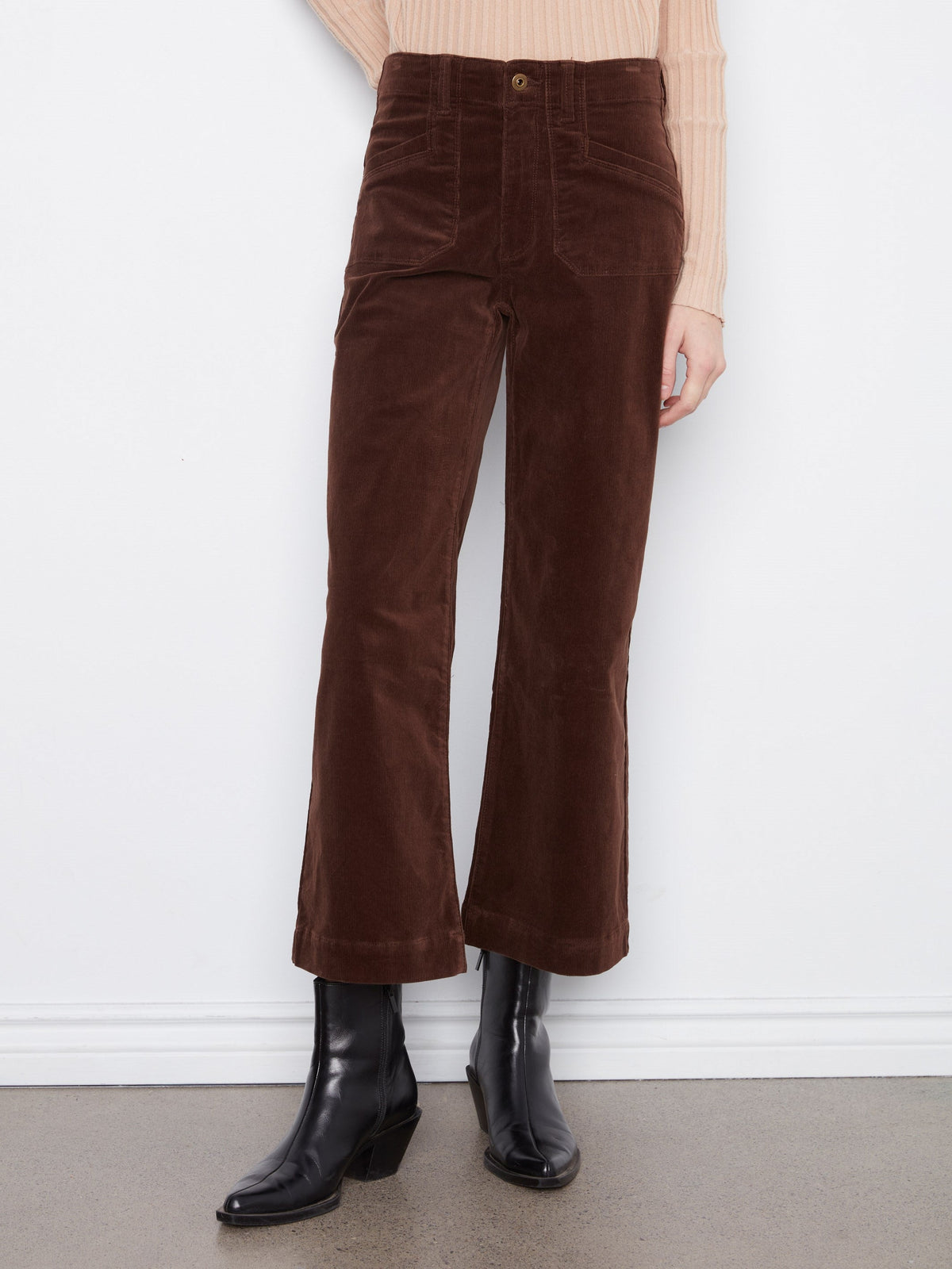 Cropped Wide Leg Stretch Corduroy Pants - Coffee