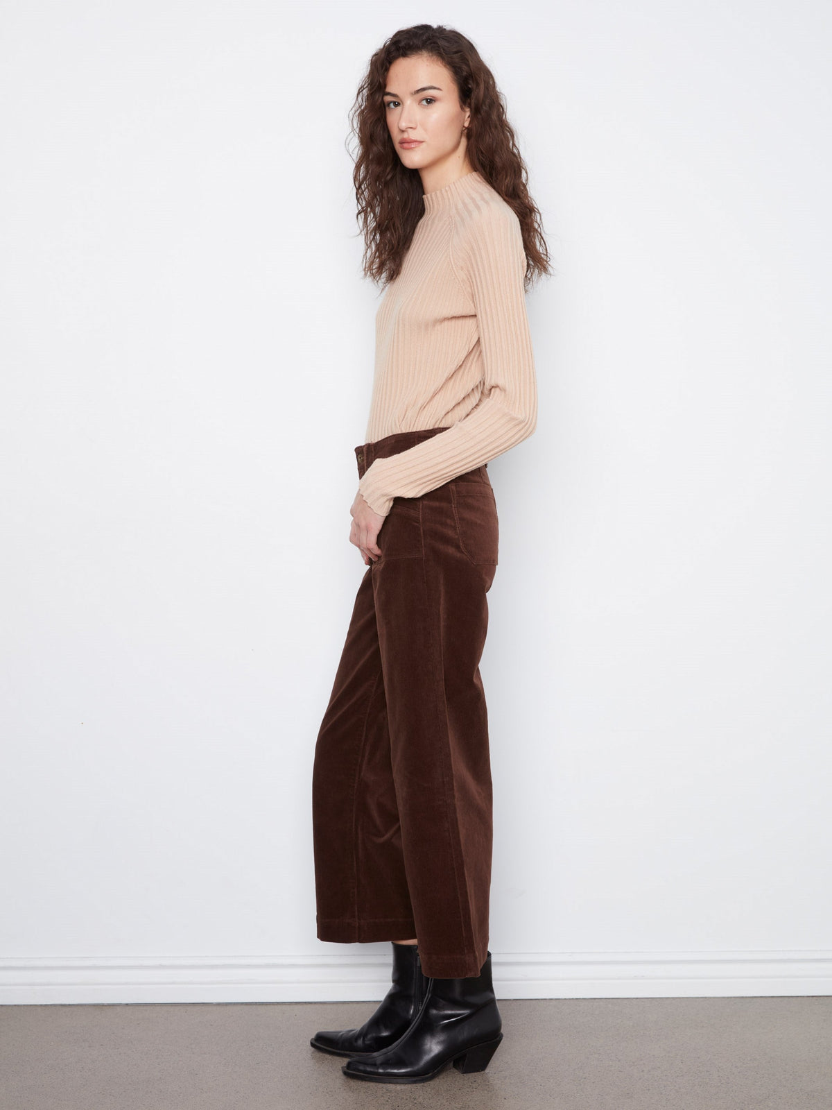 Cropped Wide Leg Stretch Corduroy Pants - Coffee