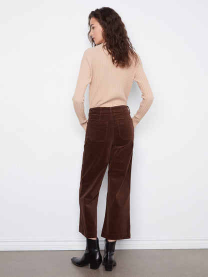 Cropped Wide Leg Stretch Corduroy Pants - Coffee