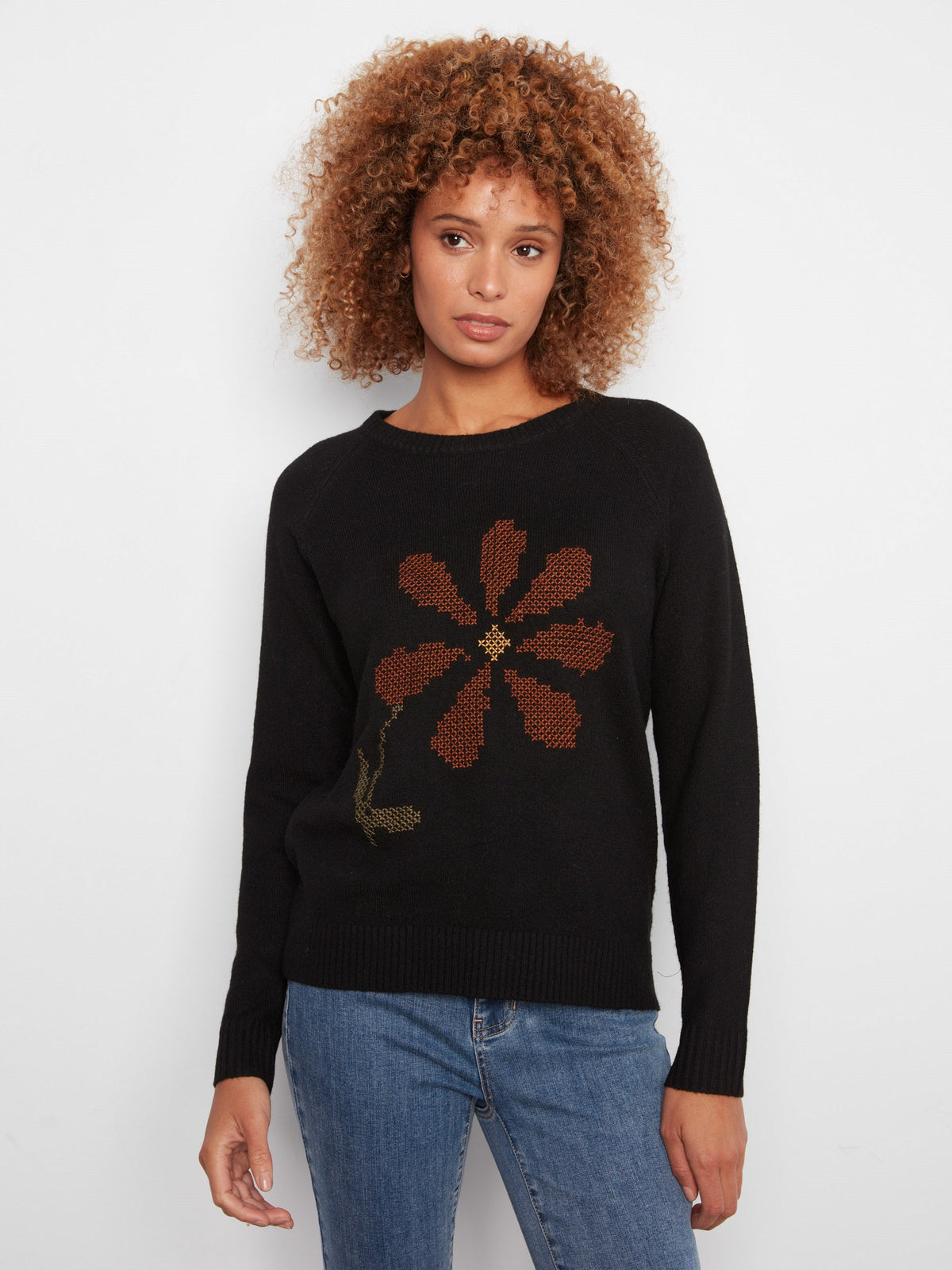 Embroidered Floral Raglan Sweater - Black