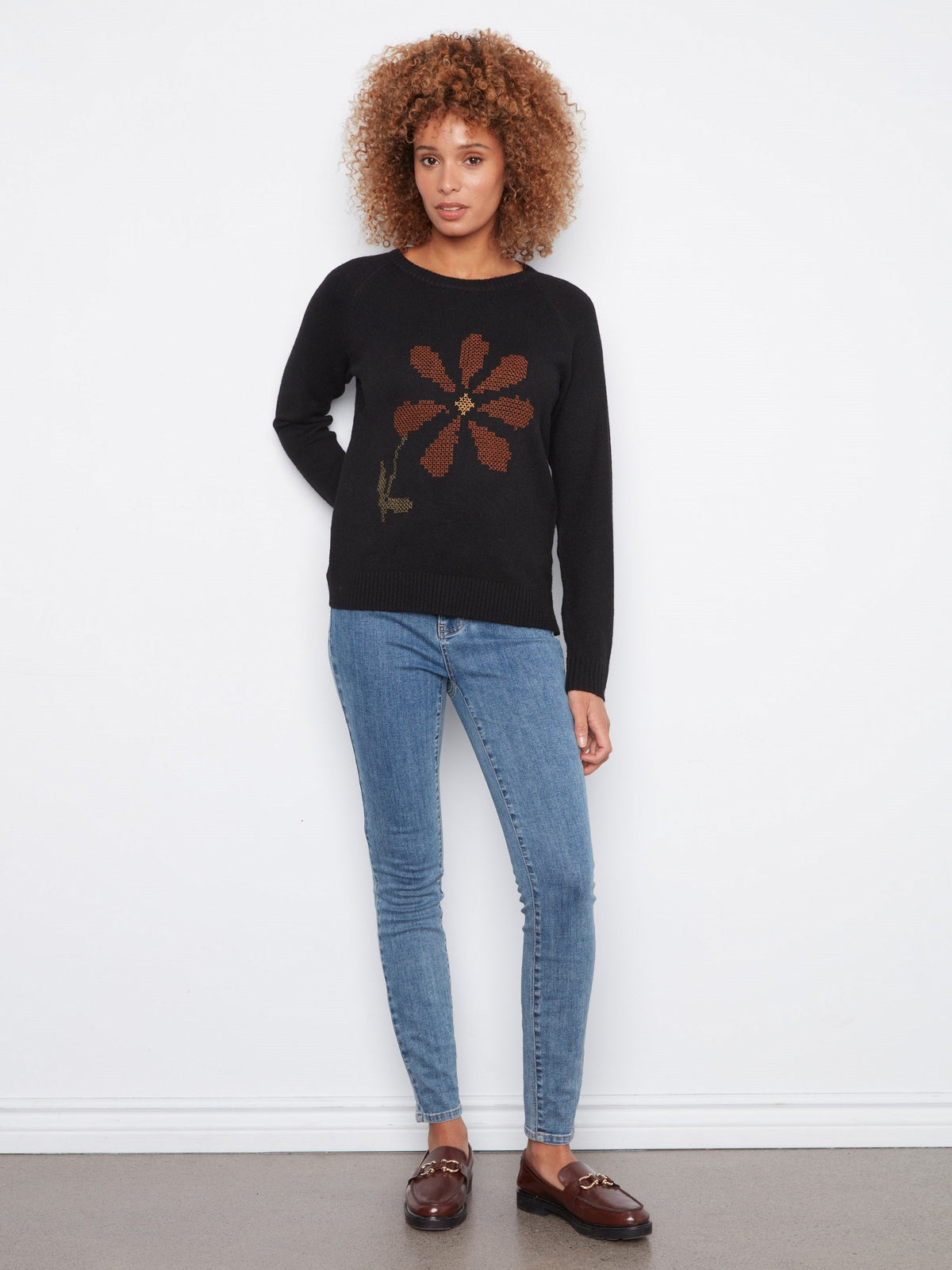 Embroidered Floral Raglan Sweater - Black