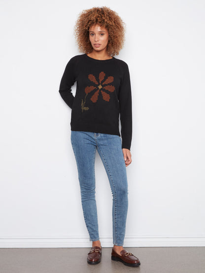 Embroidered Floral Raglan Sweater - Black