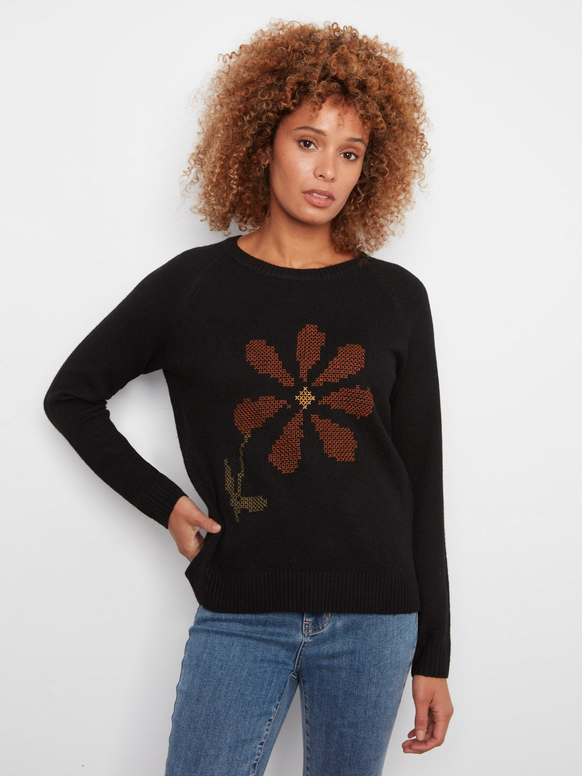 Embroidered Floral Raglan Sweater - Black