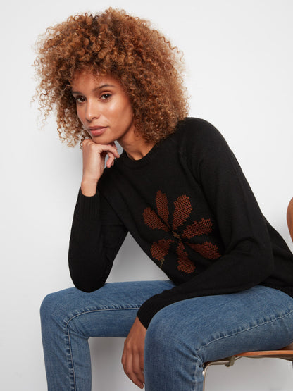 Embroidered Floral Raglan Sweater - Black