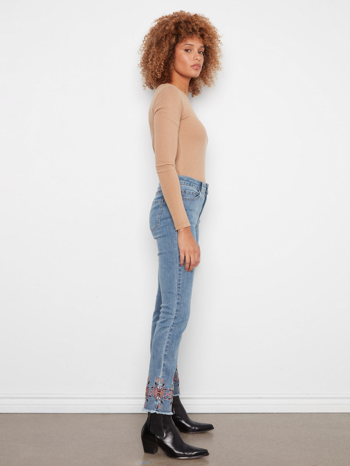 Embroidered Hem Slim Leg Jeans - Medium Blue