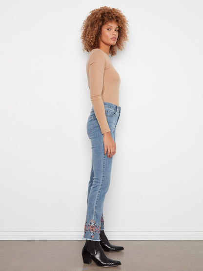Embroidered Hem Slim Leg Jeans - Medium Blue