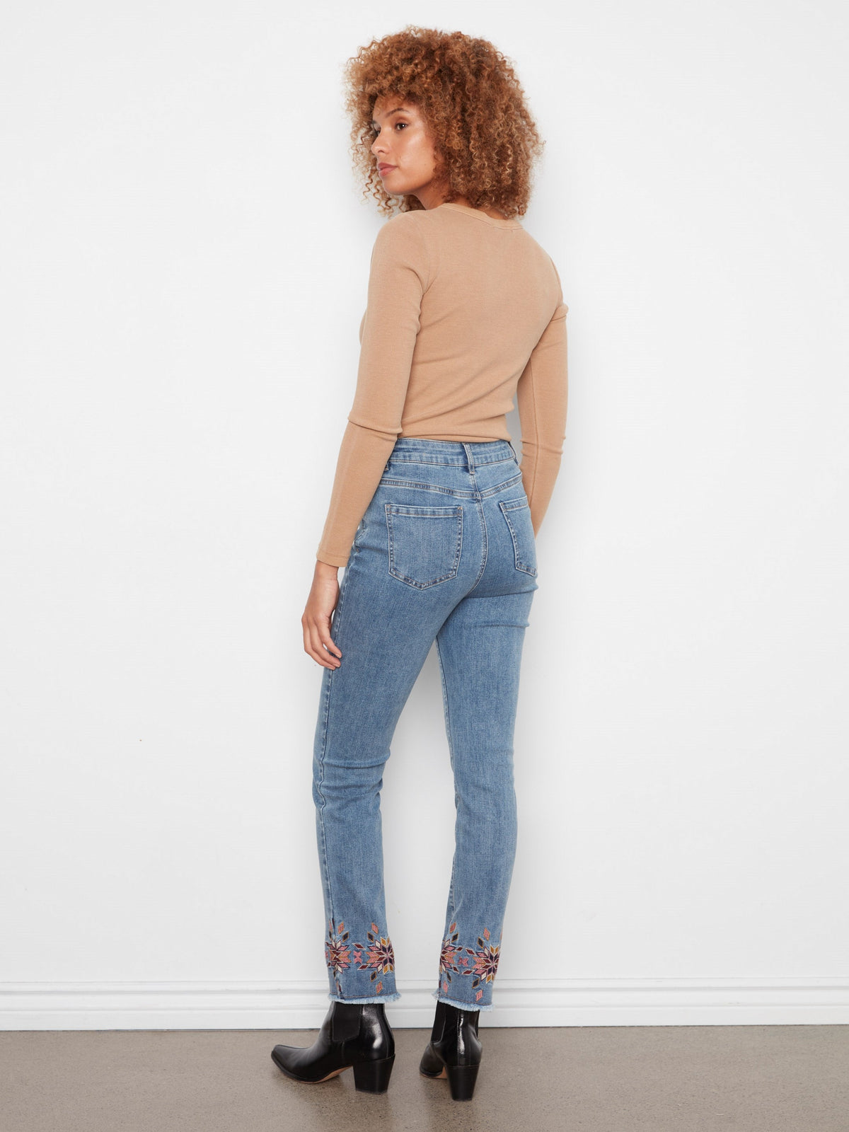 Embroidered Hem Slim Leg Jeans - Medium Blue