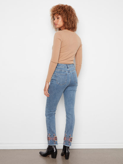 Embroidered Hem Slim Leg Jeans - Medium Blue