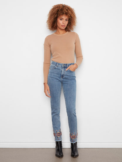 Embroidered Hem Slim Leg Jeans - Medium Blue