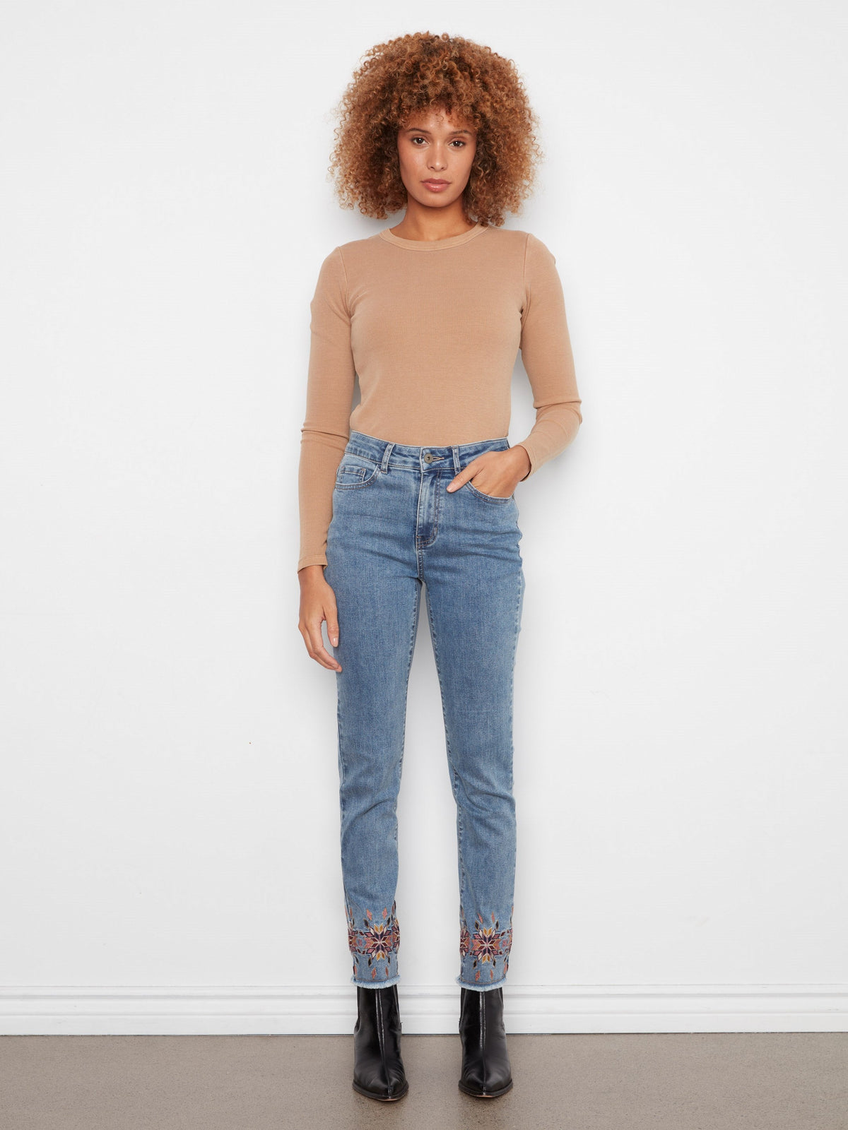 Embroidered Hem Slim Leg Jeans - Medium Blue