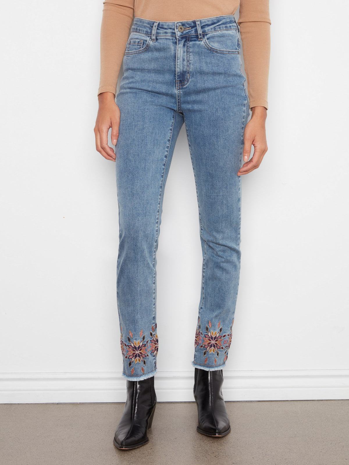 Embroidered Hem Slim Leg Jeans - Medium Blue