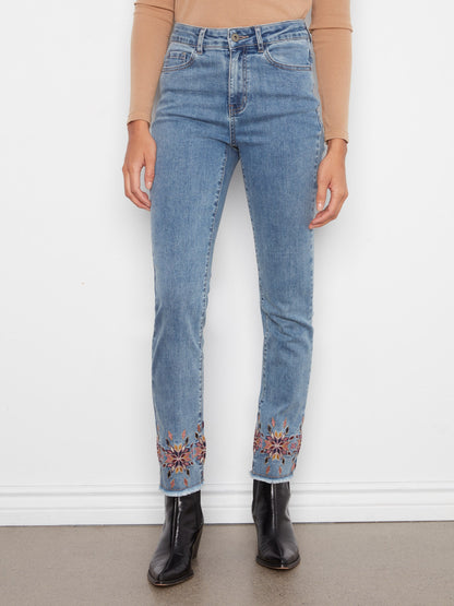 Embroidered Hem Slim Leg Jeans - Medium Blue