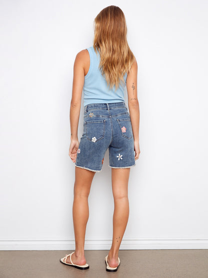 Embroidered Stretch Denim Shorts - Blossom
